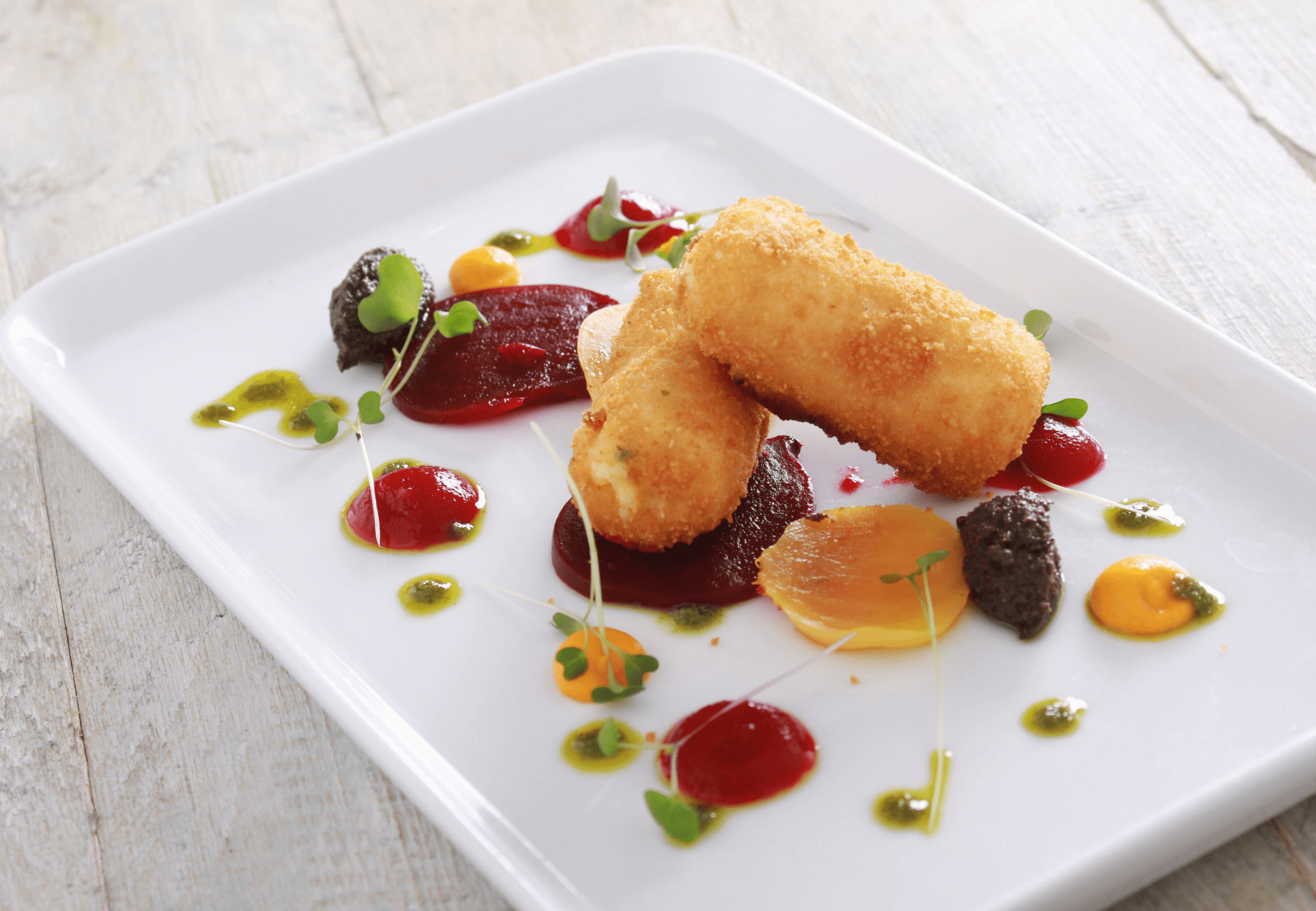 Elodie potato croquettes with creamy beetroot sauce 