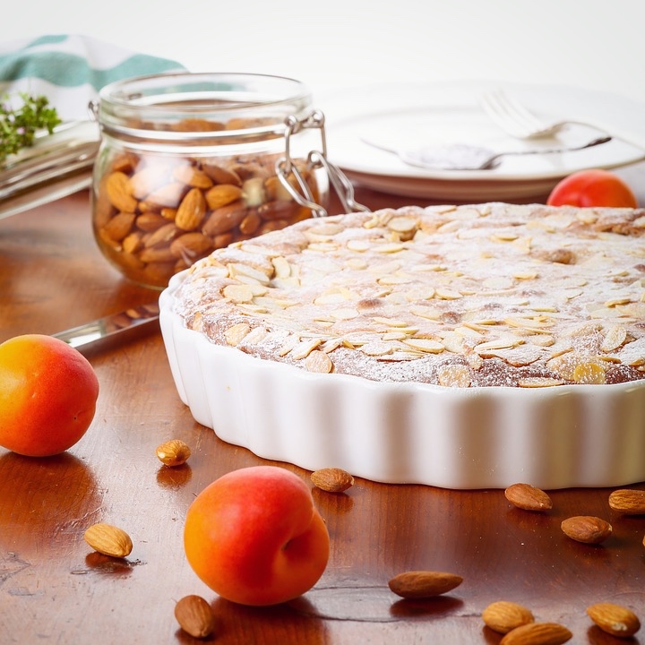 Potato-based pastry tart with apricot and almond