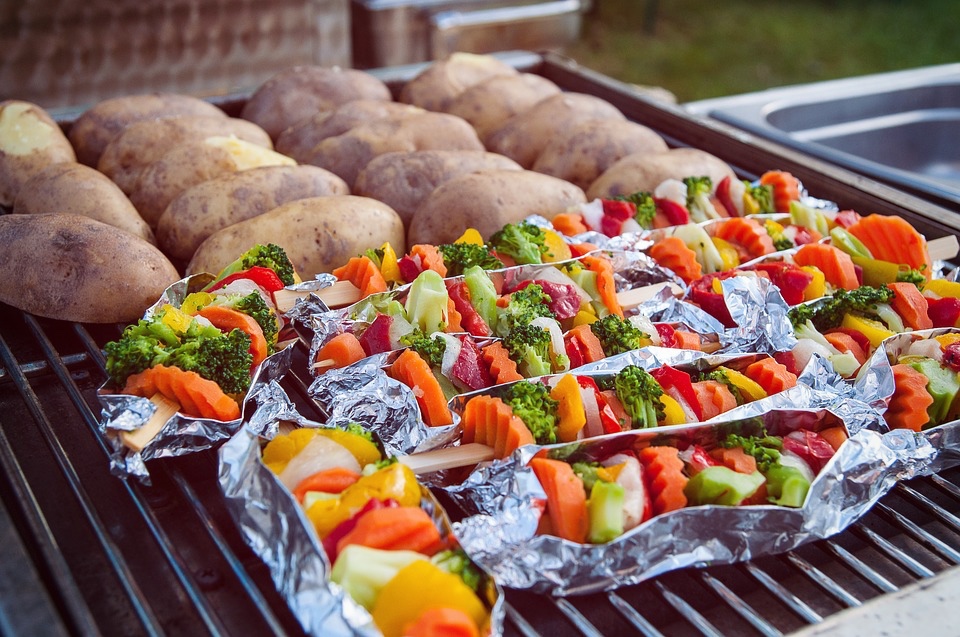 Barbecued vegetable and potato skewers