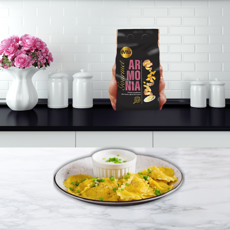 Potato ravioli with chives and ricotta cream (served separately)