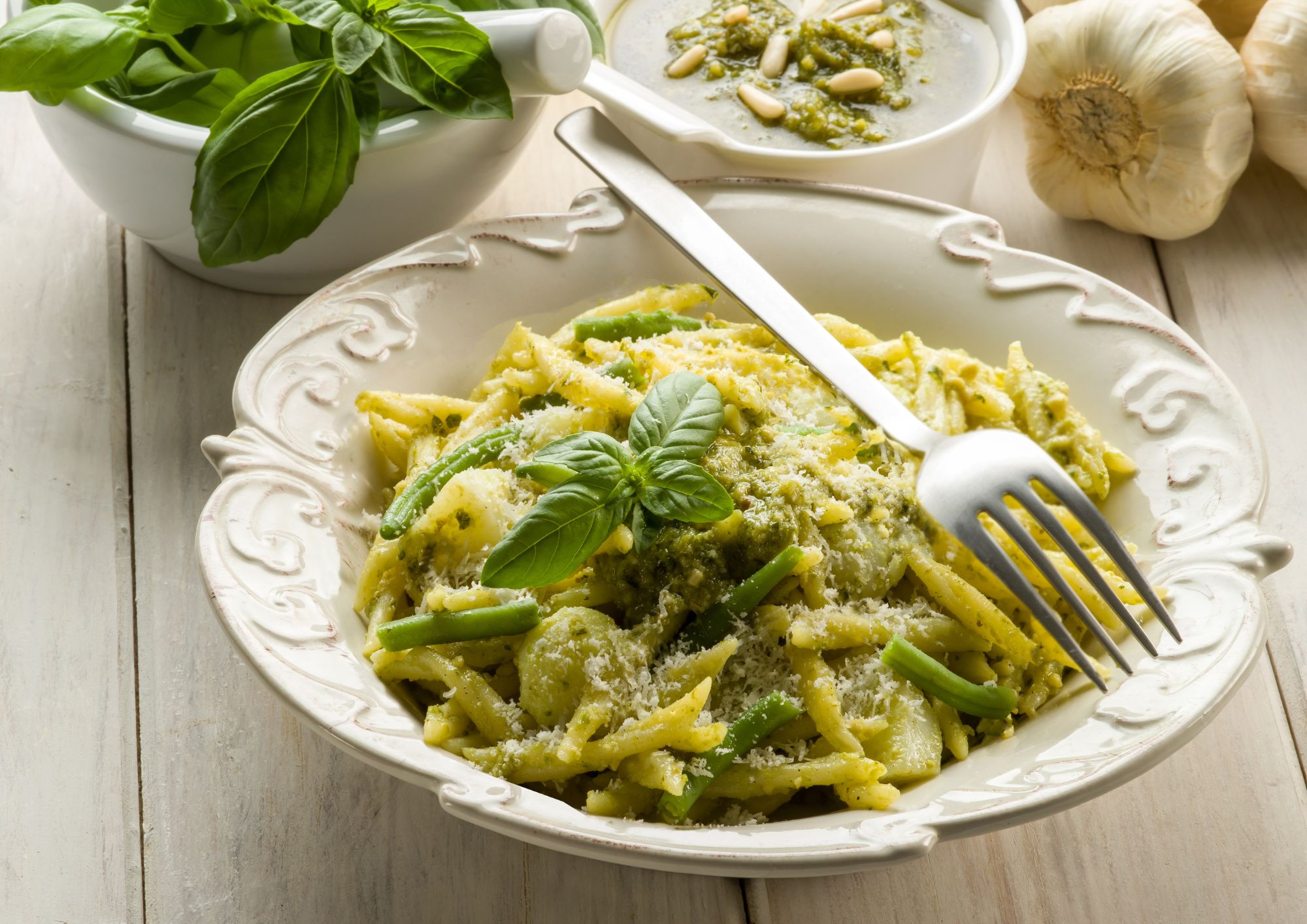 Trofie pasta in pesto with French beans and Arizona potatoes