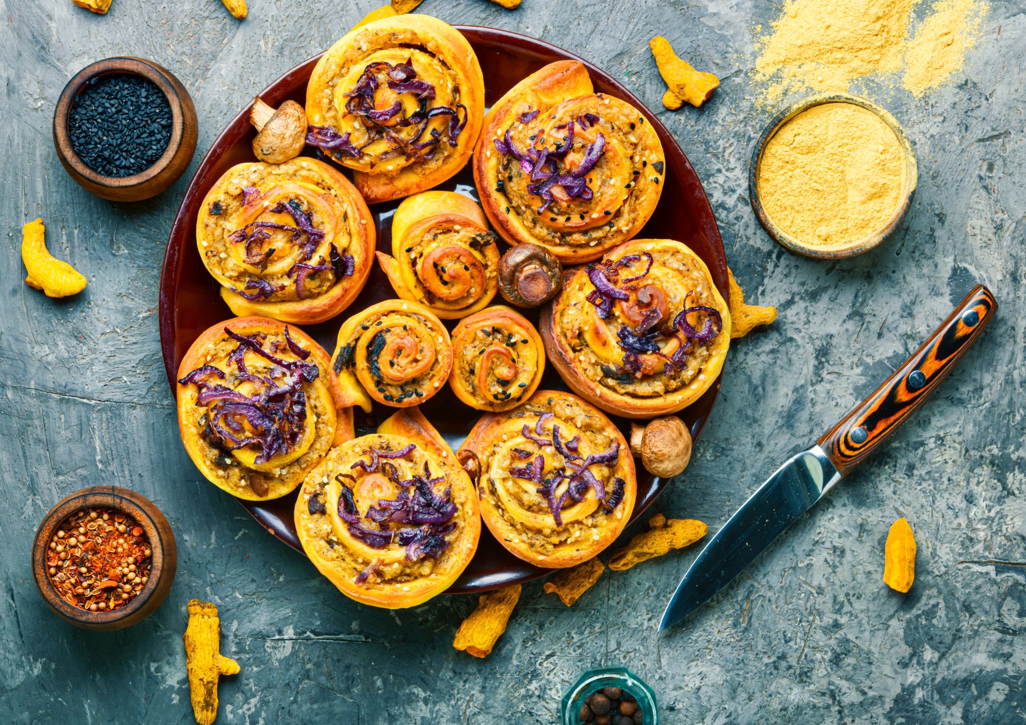 Turmeric pinwheels with mushrooms and Paradiso new potatoes