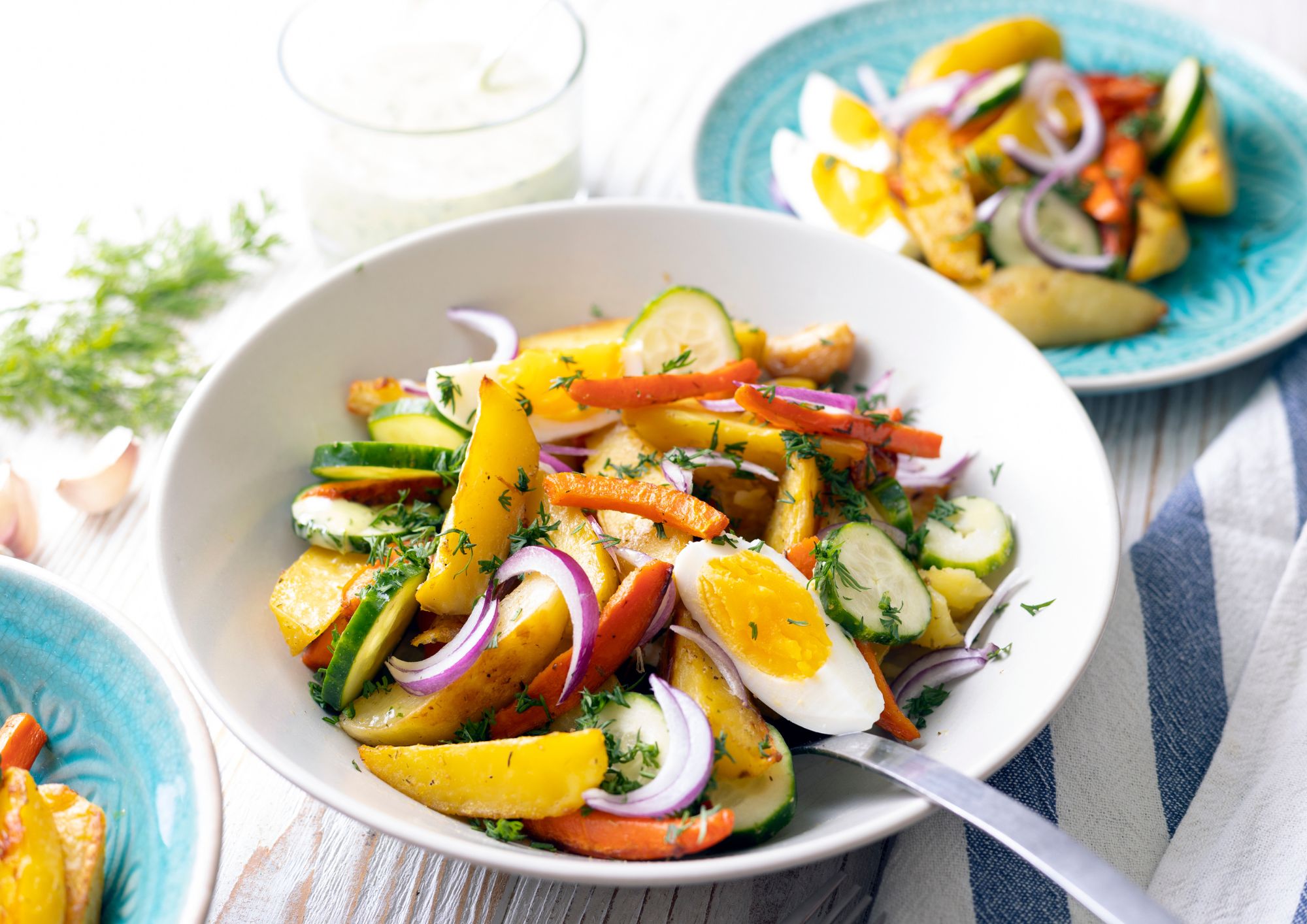 Fresh vegetables with eggs and Levante potatoes 