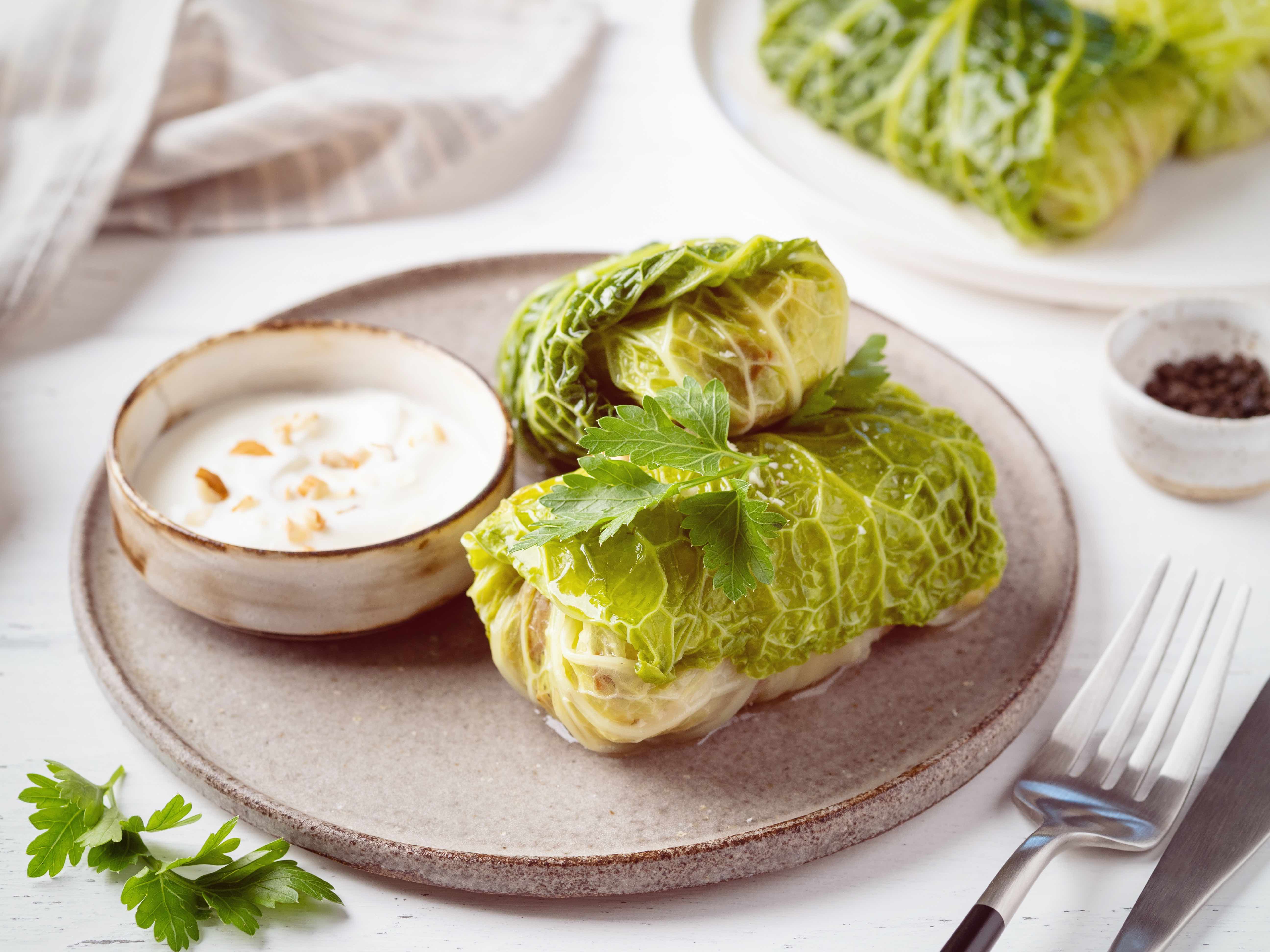 Savoy cabbage rolls stuffed with potatoes