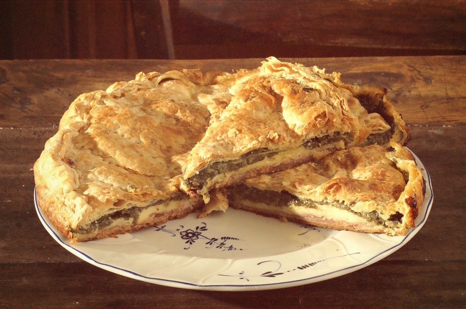 Egg-free Swiss chard and potato puff pastry pie