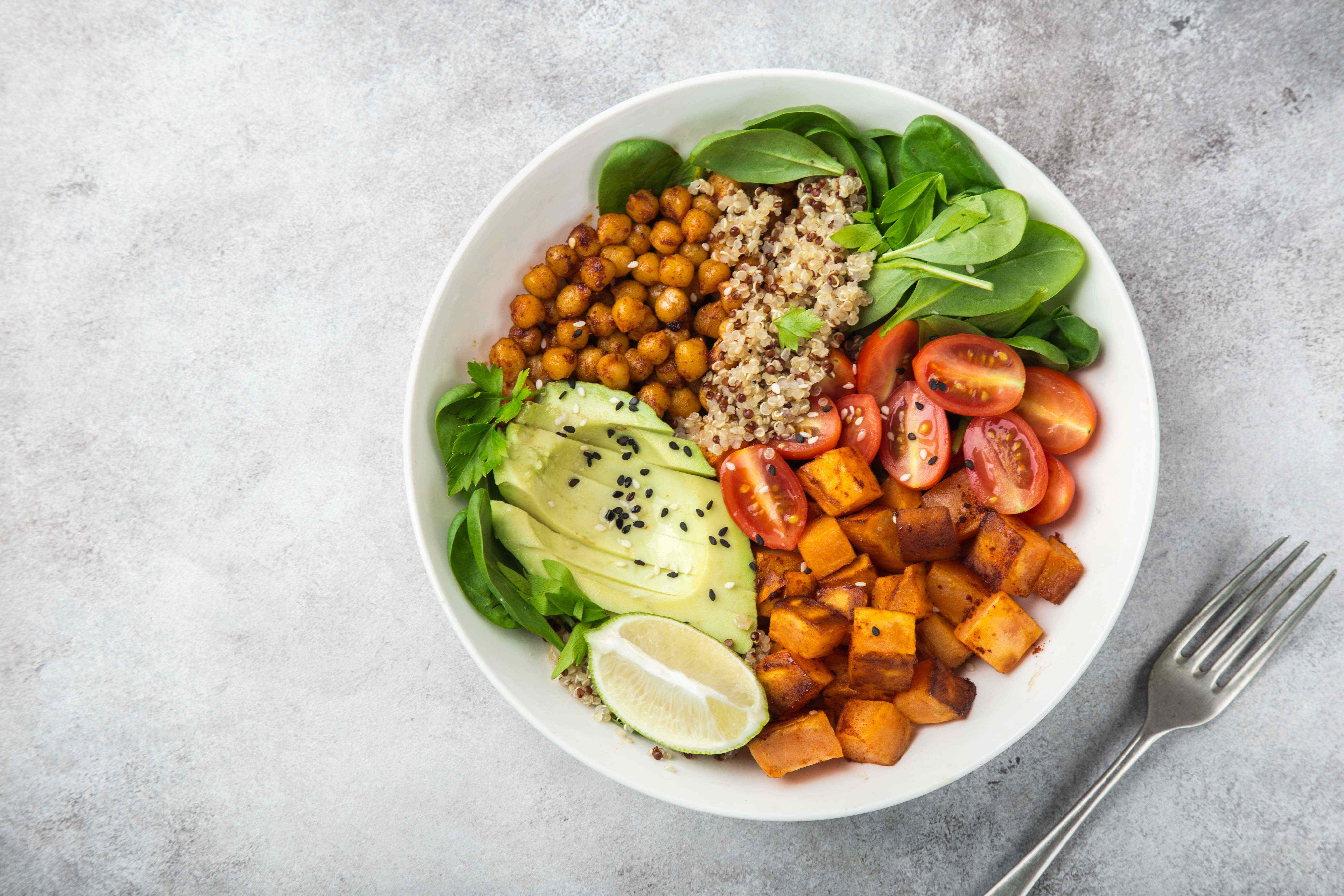 Vegan bowl with roasted sweet potatoes