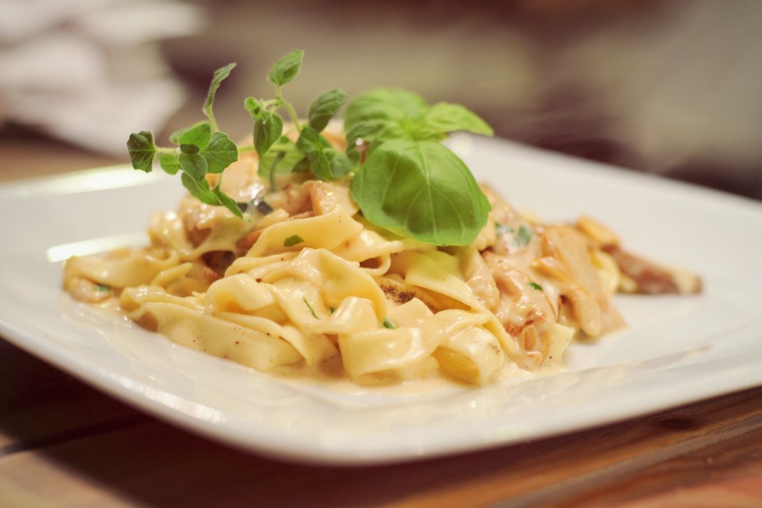 Tagliatelle pasta with creamy potatoes and porcini mushrooms