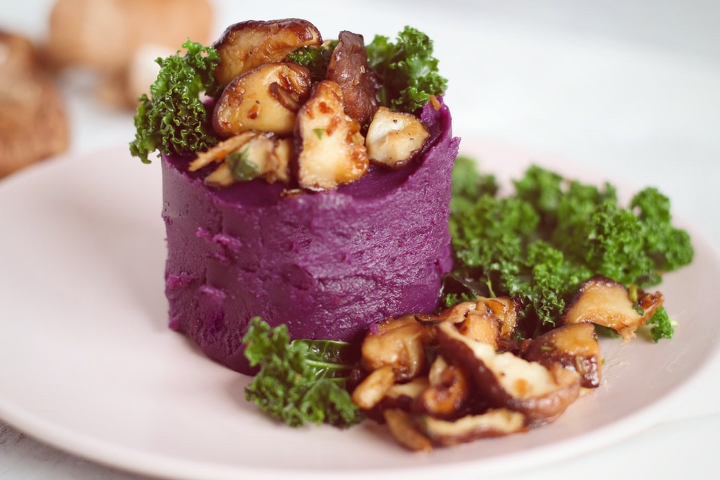 Flan with purple cauliflower and potatoes